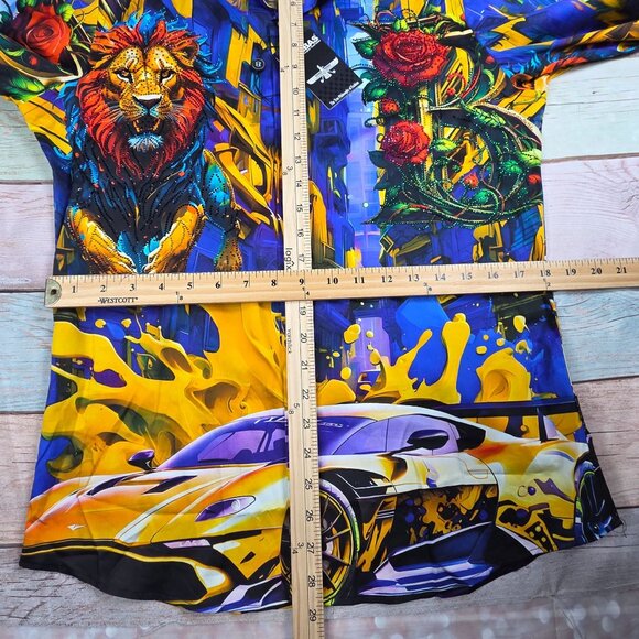 Barabas Mens Small Multicolor Vibrant Lion & Roses Graphic Button-Up Shirt - Picture 9 of 9